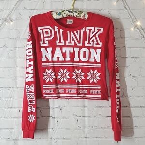 2017 Victoria's Secret PINK Red Holiday Long Sleeve Snowflake Crop Top Tee Sz XS